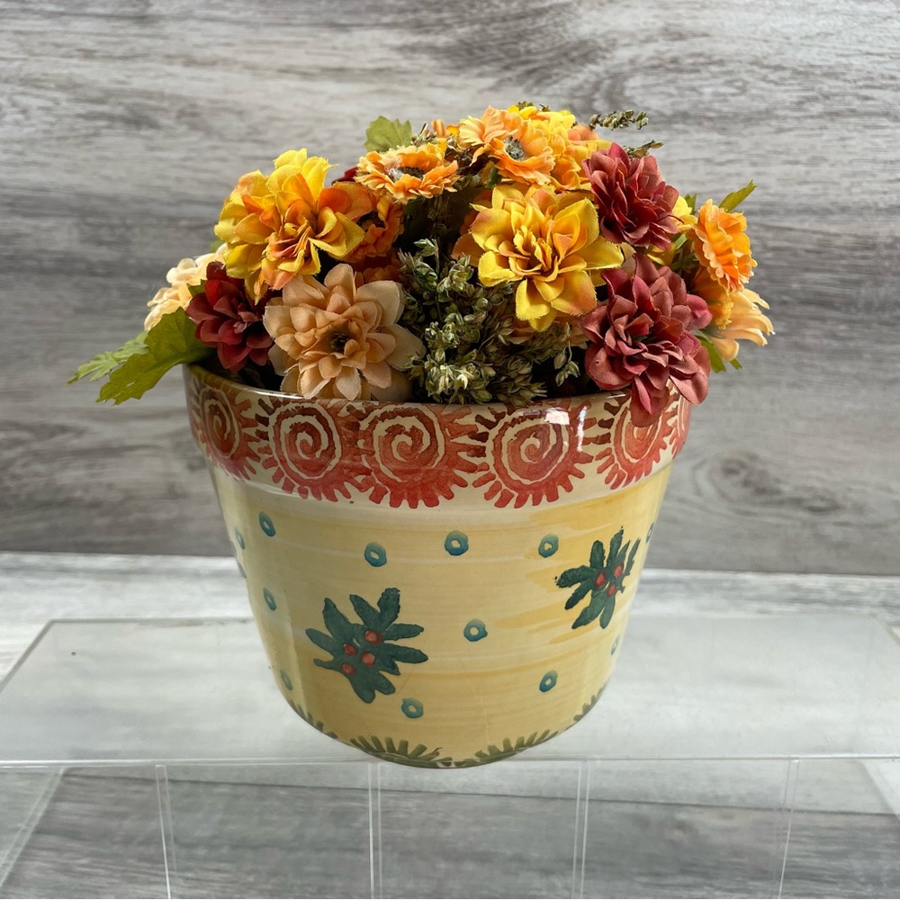 Flower Pot With Faux Flower Arrangement Made In Italy Hand Painted